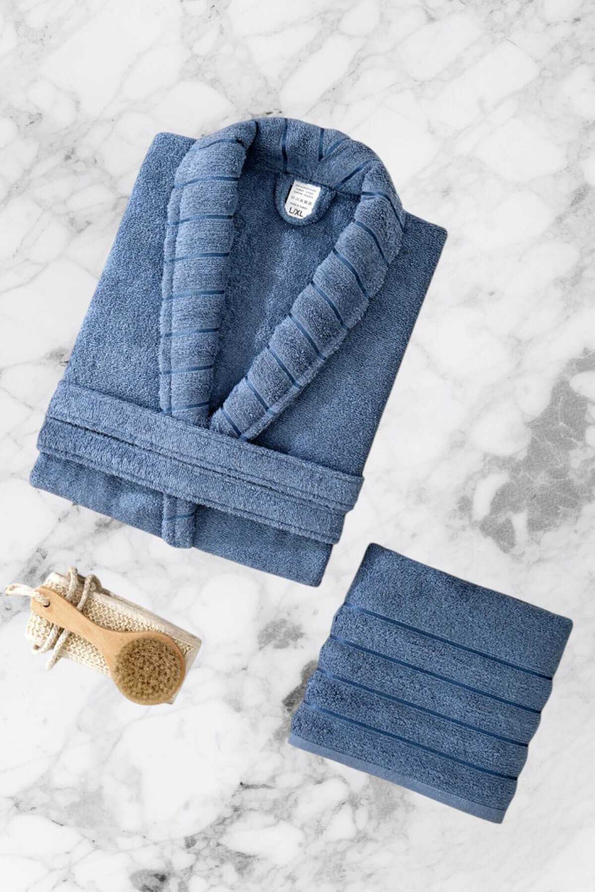 AquaLoom Lüx Erkek Bornoz ve Havlu Seti %100 Pamuklu Mavi resmi