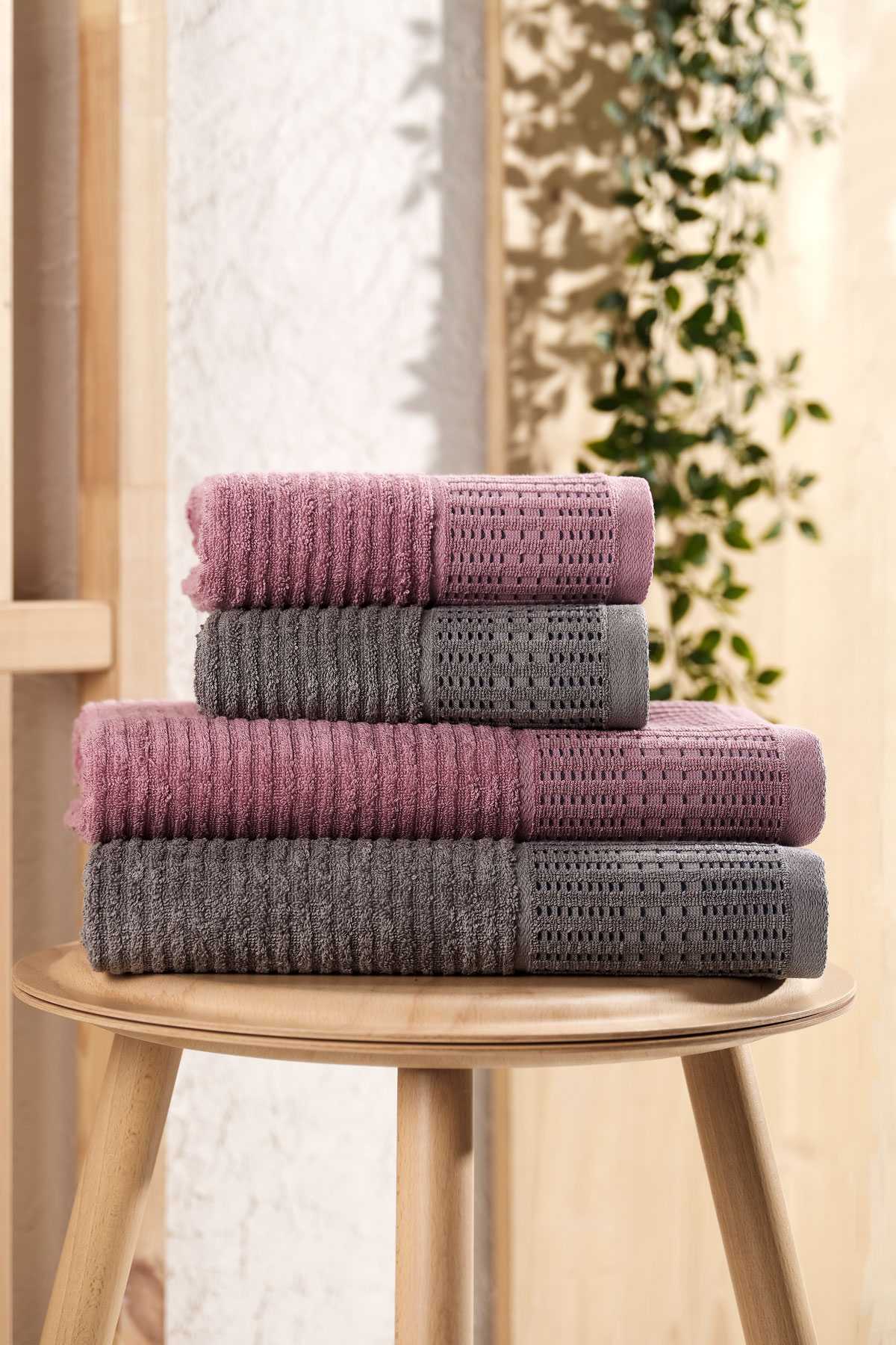 4 Parça Büyük Boy Banyo Havlu Takımı %100 Pamuklu Marena Antrasit Mürdüm resmi