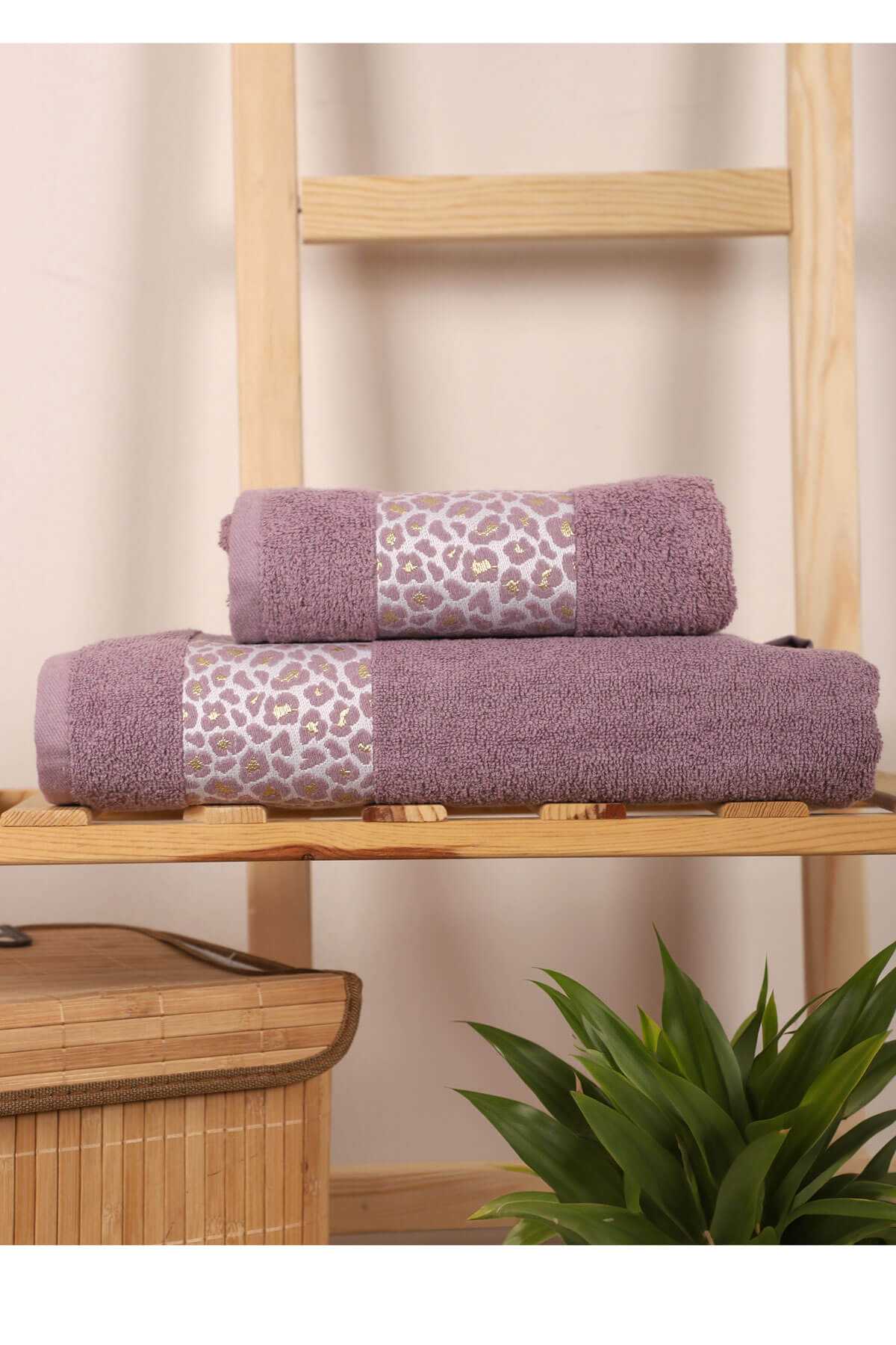2 Parça %100 Pamuklu Banyo Havlu Seti Leopar Desen Mor resmi