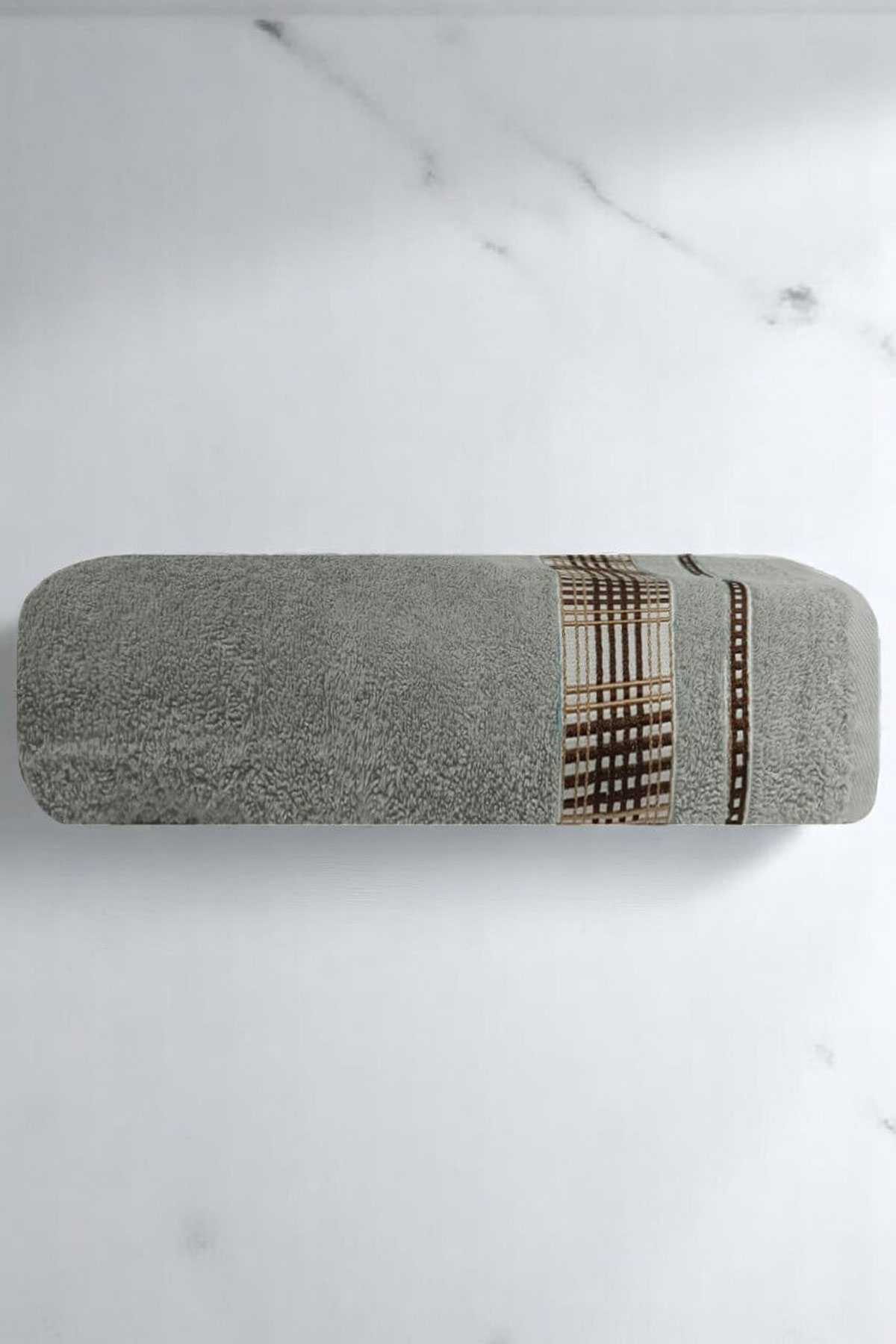 Ekose Desenli % 100 Pamuk Banyo Havlusu 70x140 Cm Gri resmi