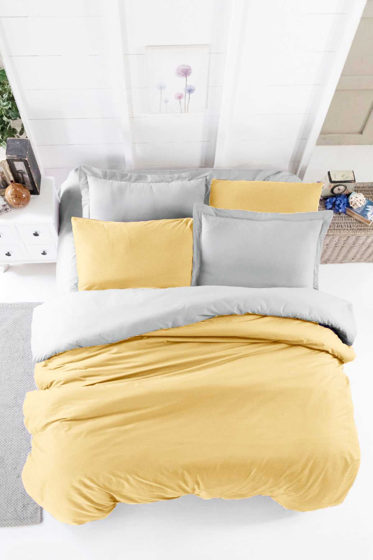 Çift Kişilik Lastikli Çarşaflı Nevresim Takımı Pamuklu Four Season Hardal Gri resmi