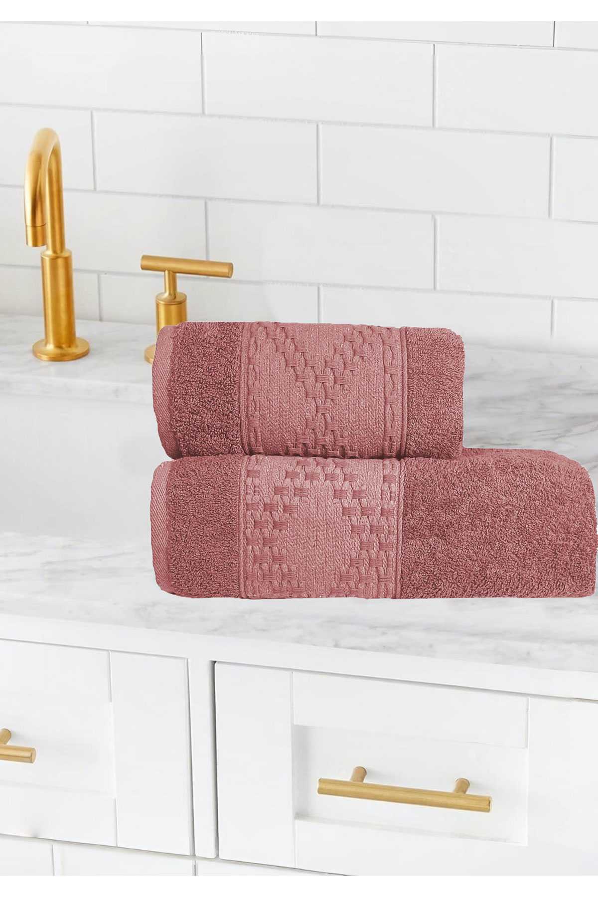 2 Parça Banyo Havlu Takımı %100 Pamuklu Lina Desen Mürdüm resmi