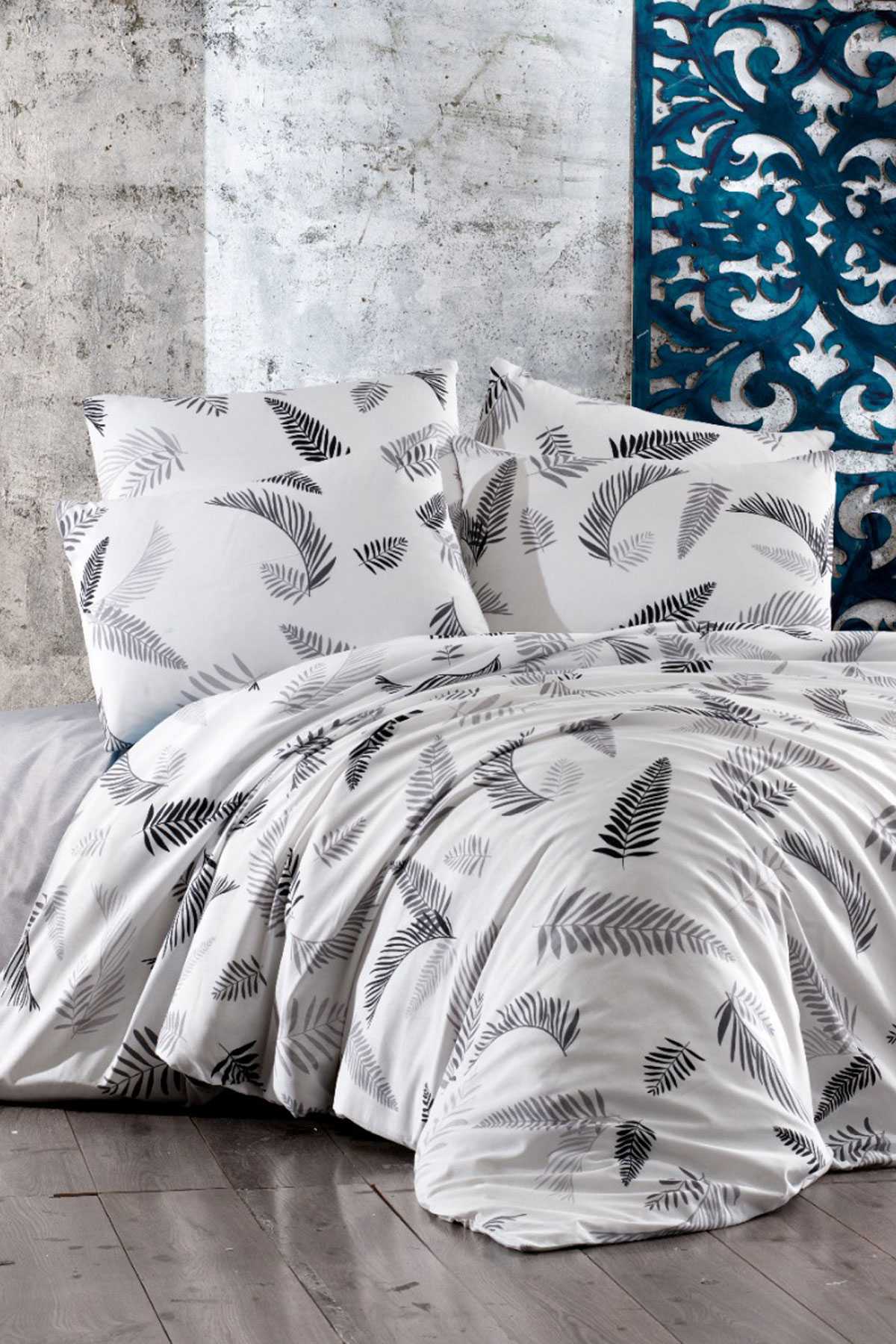 Çift Kişilik Lastikli Çarşaflı Pamuklu Nevresim Takımı Gray Leaf resmi