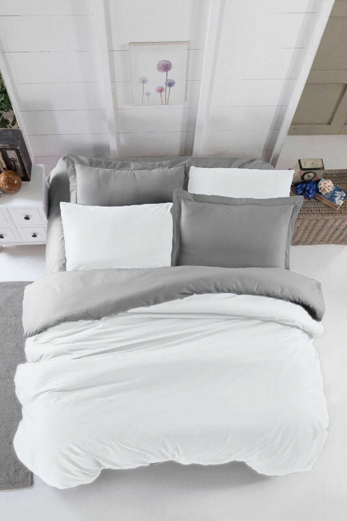 Çift Kişilik Lastikli Çarşaflı Nevresim Takımı Pamuklu Four Season Beyaz Gri resmi