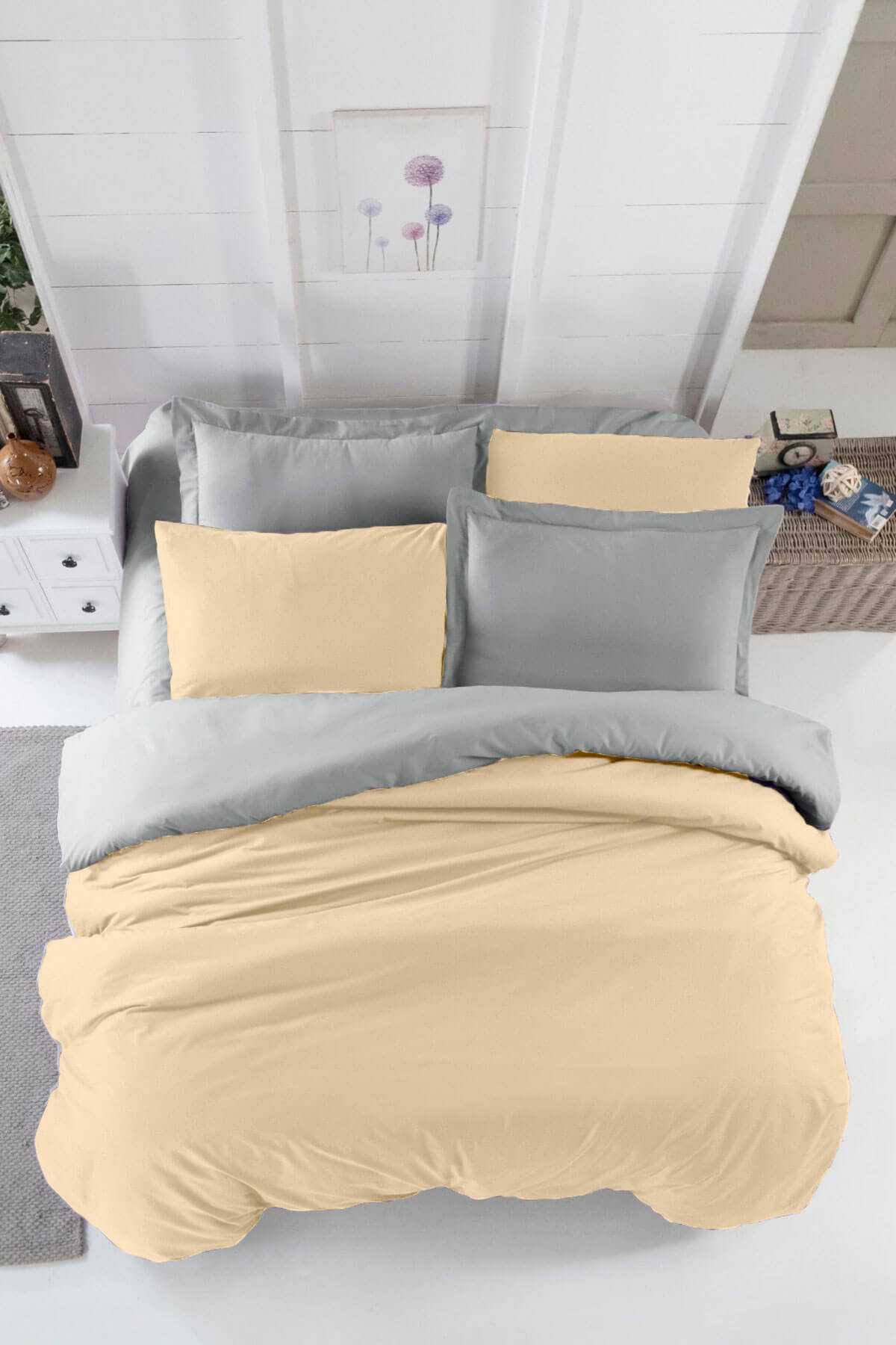 Çift Kişilik Lastikli Çarşaflı Nevresim Takımı Pamuklu Four Season Bej Gri resmi