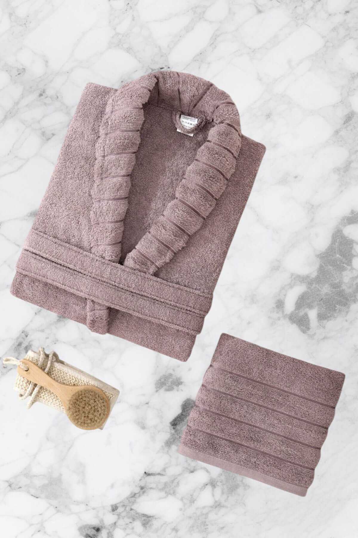 AquaLoom Lüx Kadın Bornoz ve Havlu Seti %100 Pamuklu Mürdüm resmi