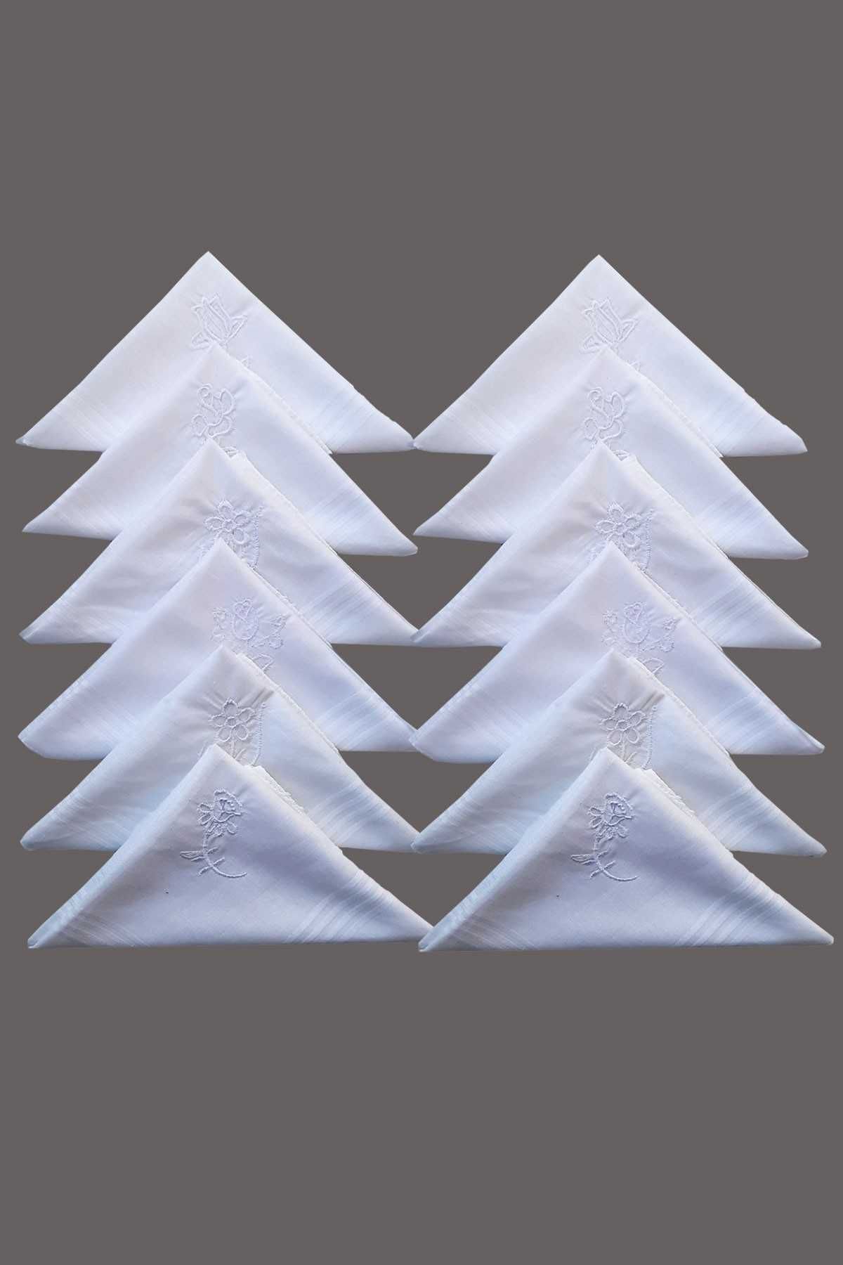 Çiçek İşlemeli Bayan Mendili 12 Adet 28x28 cm %100 Pamuk Beyaz resmi