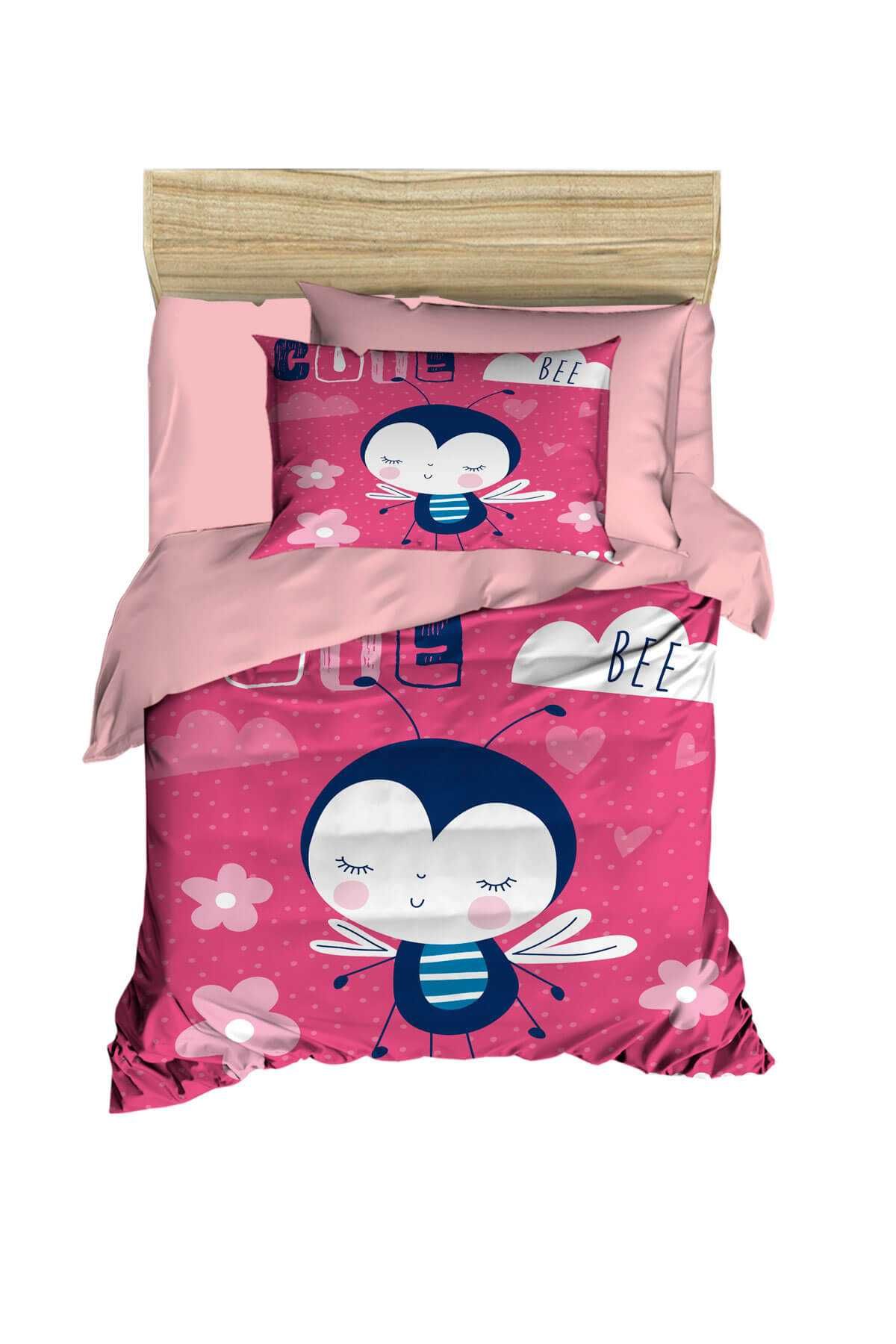 Dijital Baskılı 3d Pamuklu Yenidoğan Bebek Nevresim Takımı Cute Bee Pink resmi