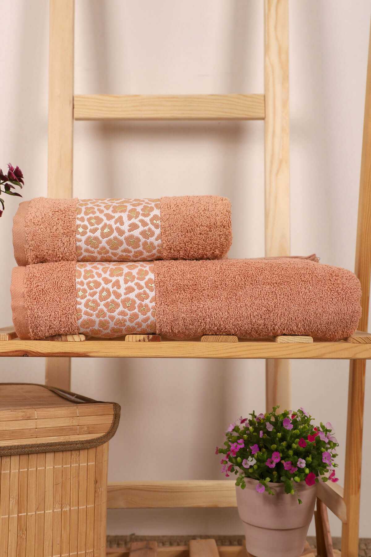 2 Parça %100 Pamuklu Banyo Havlu Seti Leopar Desen Kahve resmi