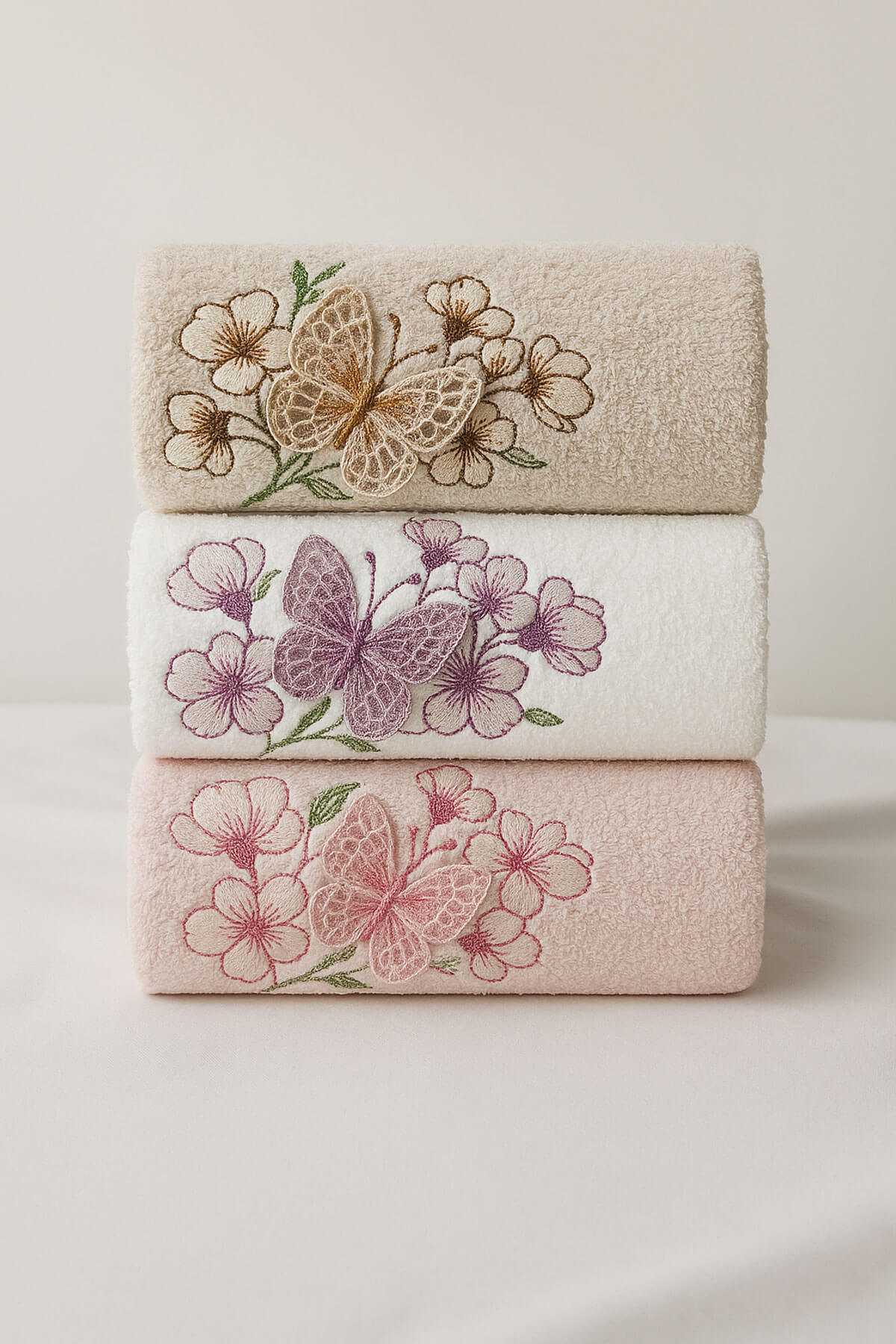 3lü Lüks %100 Pamuklu Mutfak Havlusu Seti 3D Kelebek Aplikeli 30x50 Cm resmi