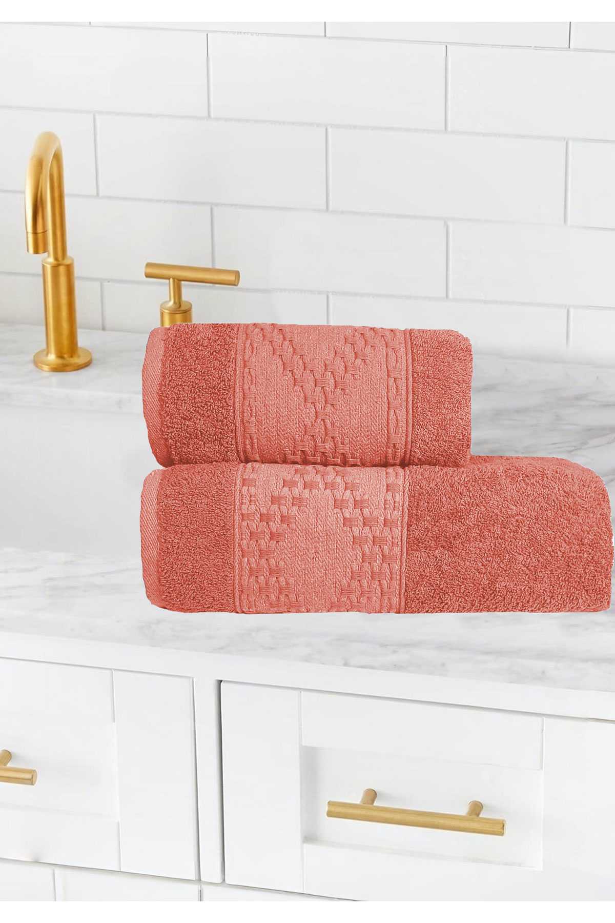 2 Parça Banyo Havlu Takımı %100 Pamuklu Lina Desen Turuncu resmi