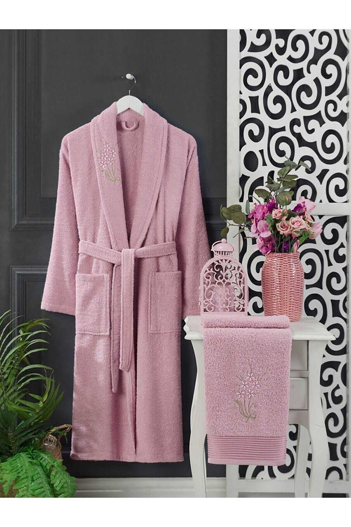 4 Parça Aile Bornoz Seti Kadın Erkek Havlulu Bornoz Takımı 100 Lacivert Pembe resmi