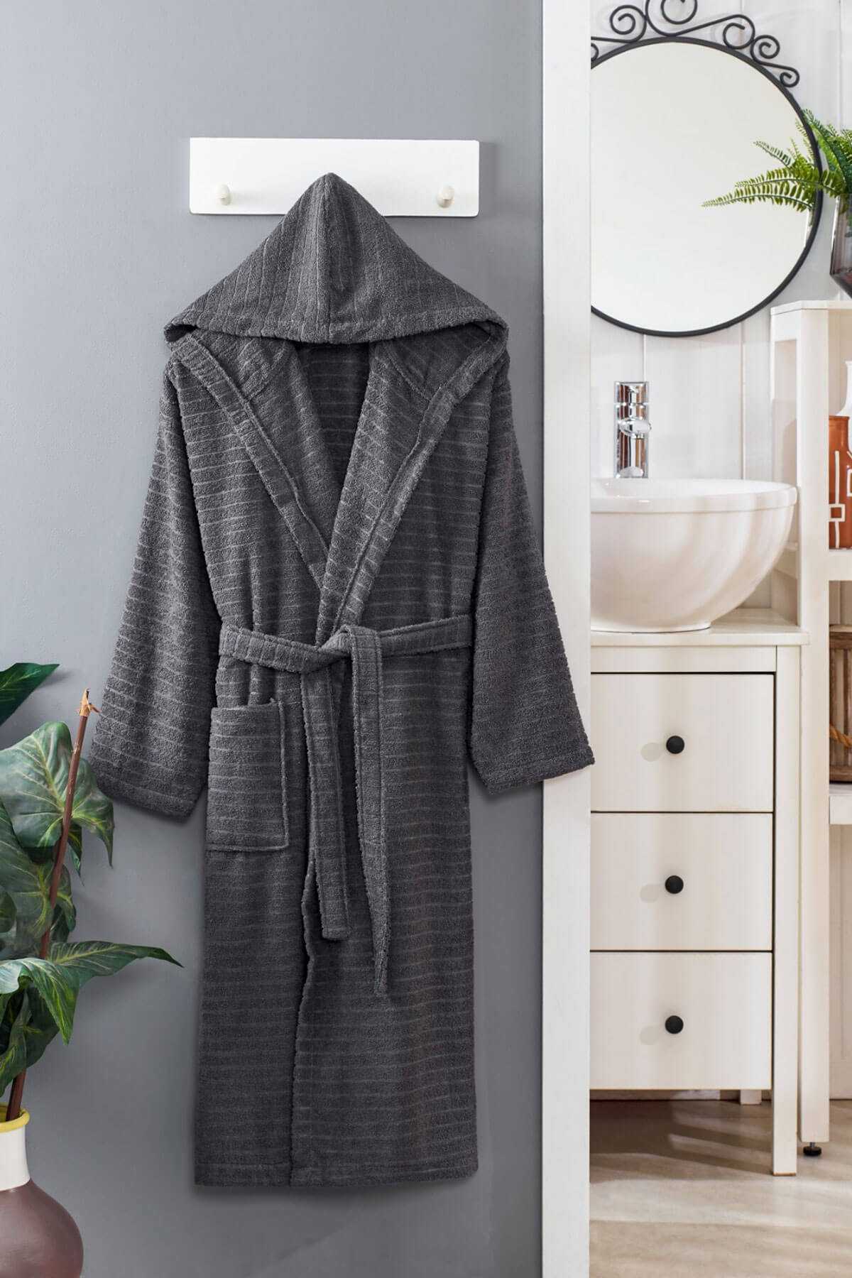 Kapüşonlu Unisex Banyo Bornozu %100 Soft Pamuklu Antrasit resmi