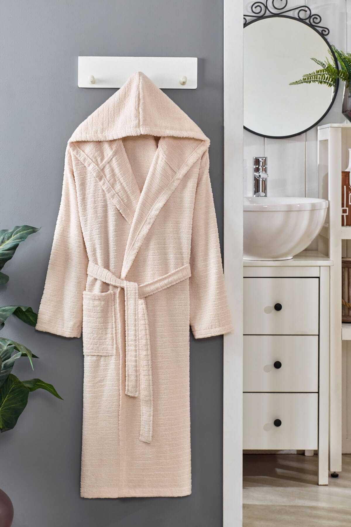 Kapüşonlu Unisex Banyo Bornozu %100 Soft Pamuklu Krem resmi