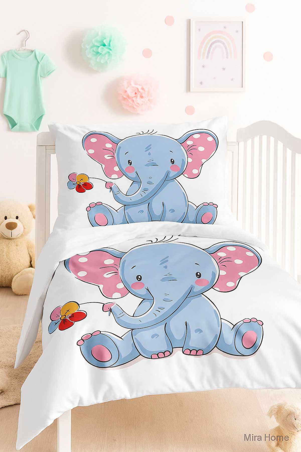 Dijital Baskılı 3d Pamuklu Yenidoğan Bebek Nevresim Takımı Cute Elephant resmi