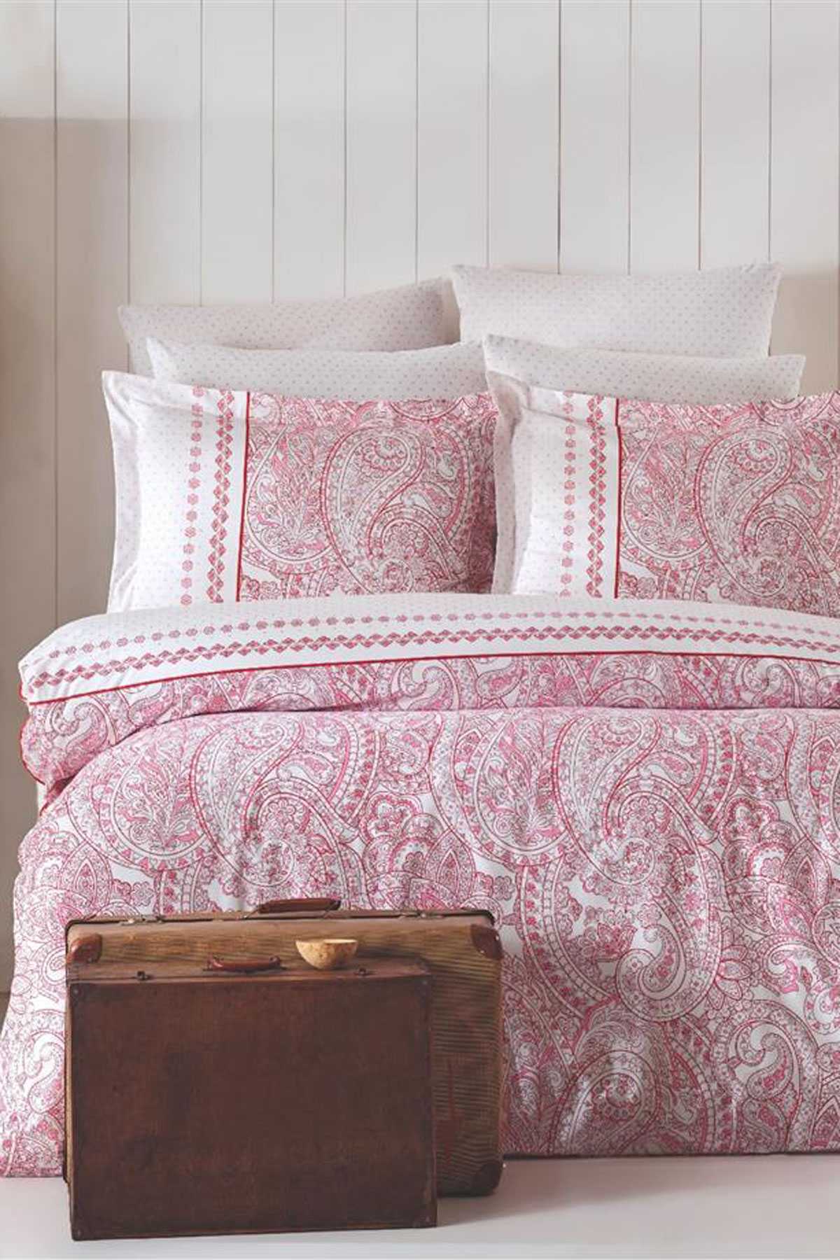 Çift Kişilik Nevresim Takımı Pamuklu Vintage Pembe Paisley resmi