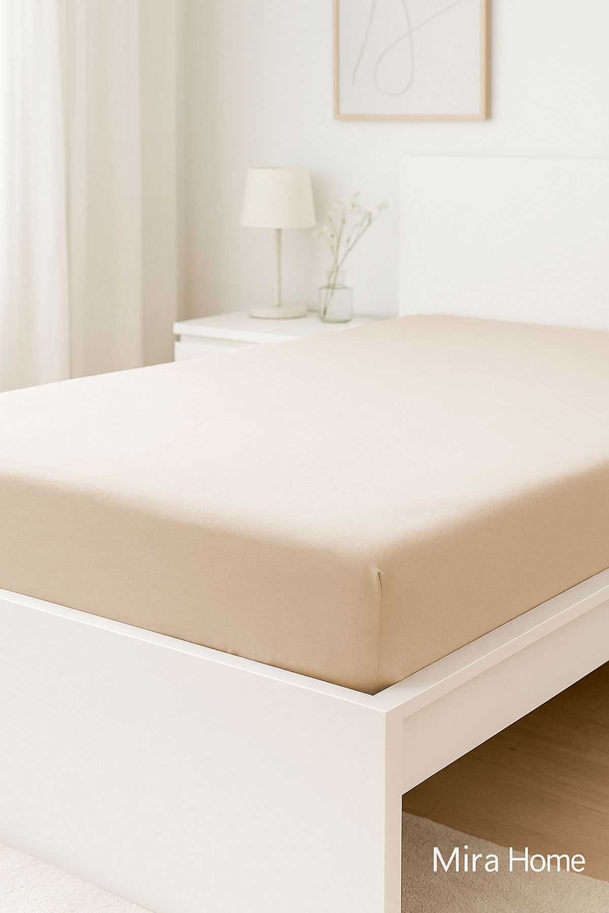 Çift Kişilik Düz Penye  %100 Pamuklu Lastikli Çarşaf 200X200 Cm Battal  Boy Newsheet Bej resmi