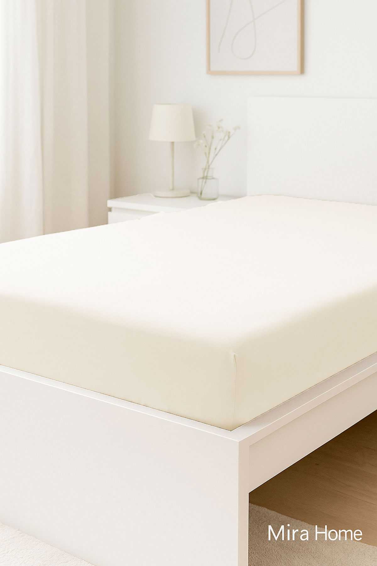 Çift Kişilik Düz Penye  %100 Pamuklu Lastikli Çarşaf 200X200 Cm Battal  Boy Newsheet Ekru resmi