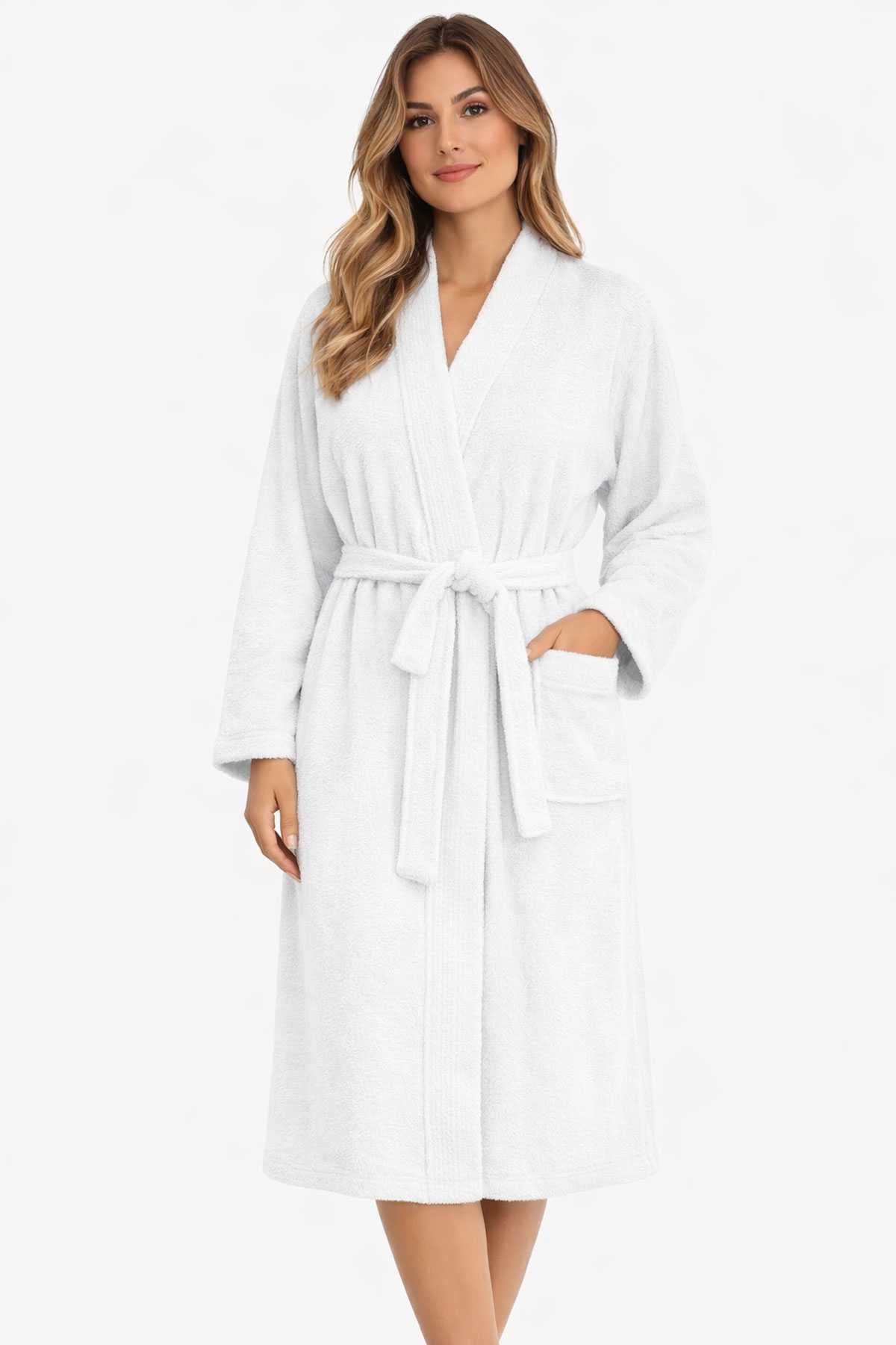 Kimono Yaka Unisex Pamuklu Tek Kişilik Bornoz Beyaz resmi