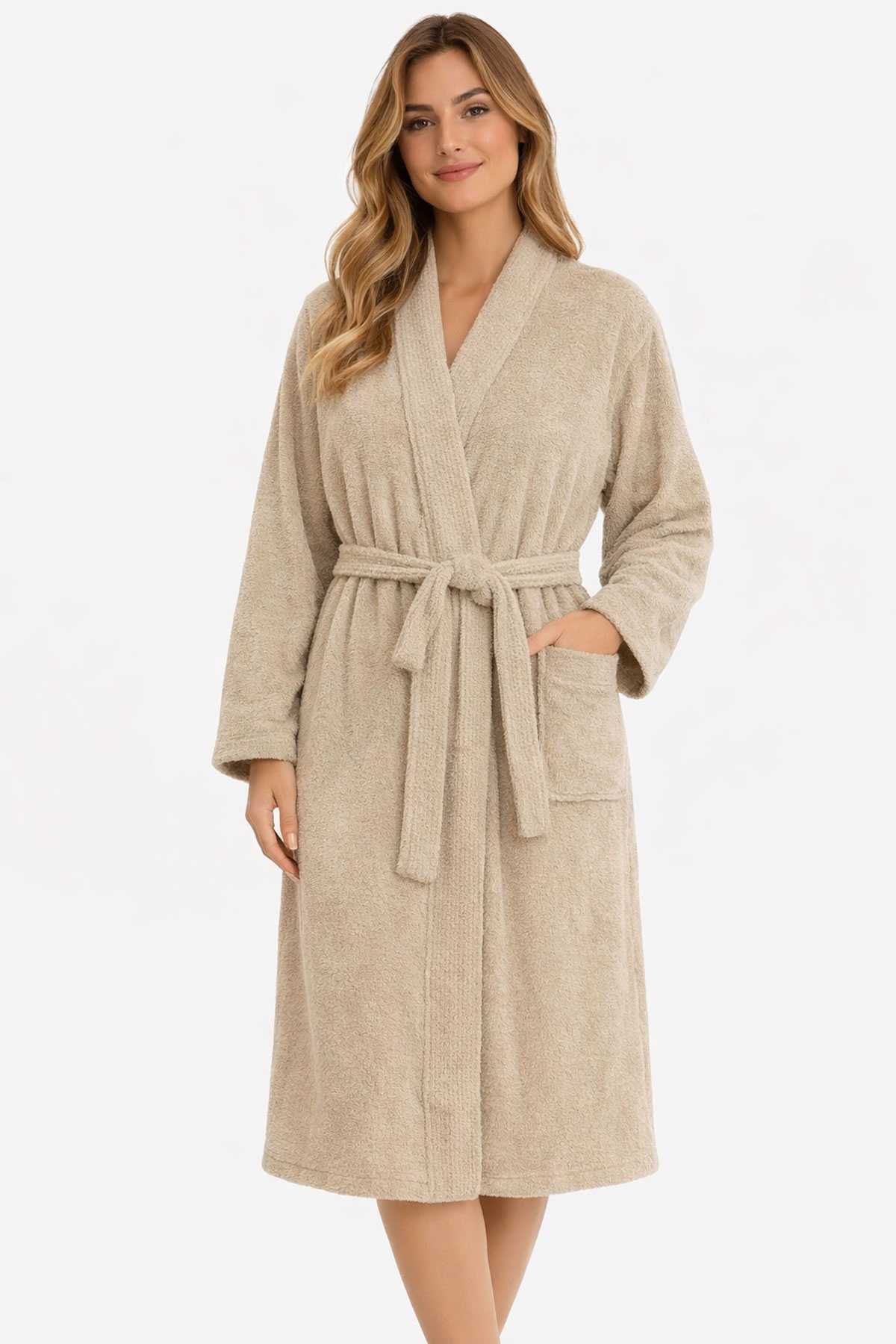 Kimono Yaka Unisex Pamuklu Tek Kişilik Bornoz Bej resmi