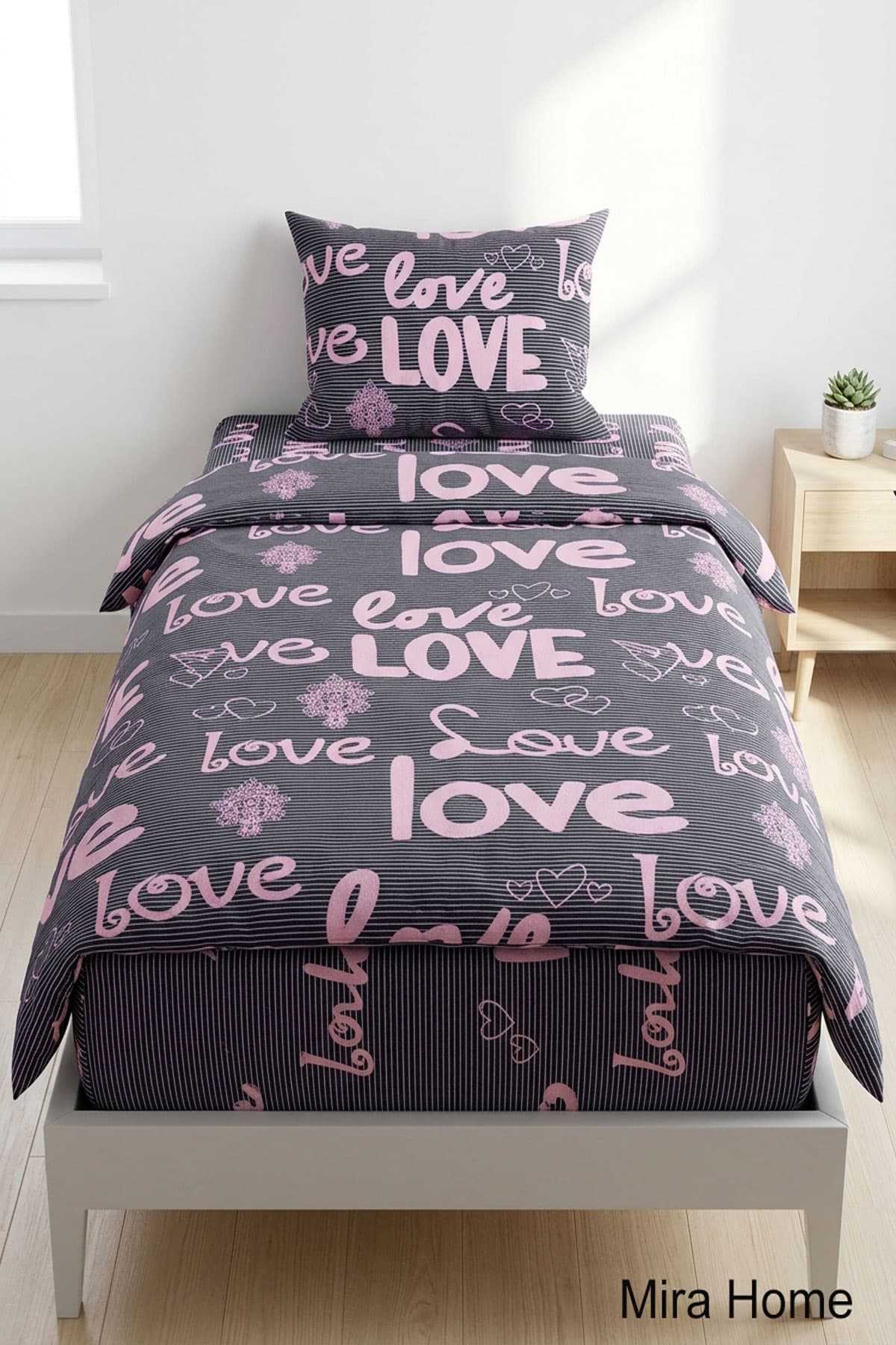 Love Yazılı Pamuklu Lastikli Çarşaflı Tek Kişilik Nevresim Takımı (100x200 Cm) resmi