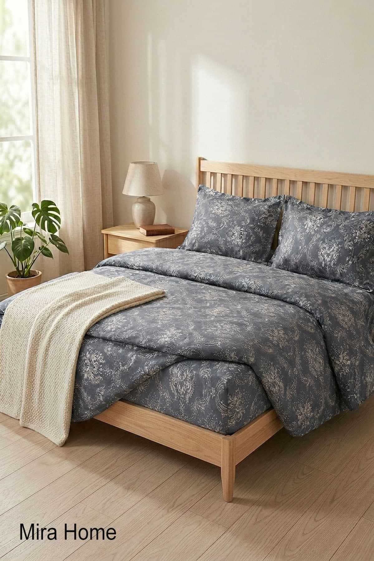 Vintage Desen Pamuklu Lastikli Çarşaflı Çift Kişilik Nevresim Takımı  Gri 180x200 Cm resmi