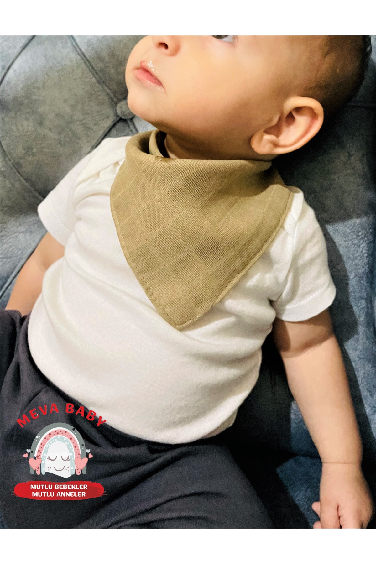 %100 Organik Pamuk Çift Katlı Müslin Kumaş Iki Çıtçıtlı Bebek Salya Önlük & Fular resmi